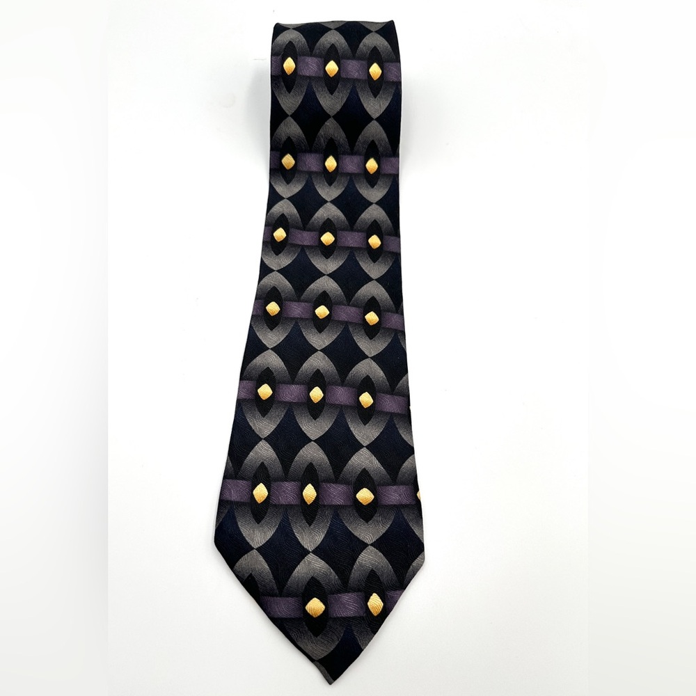 Men’s Joseph & Feiss Silk Necktie Geometric Pattern Tie In Black, Gray & Yellow